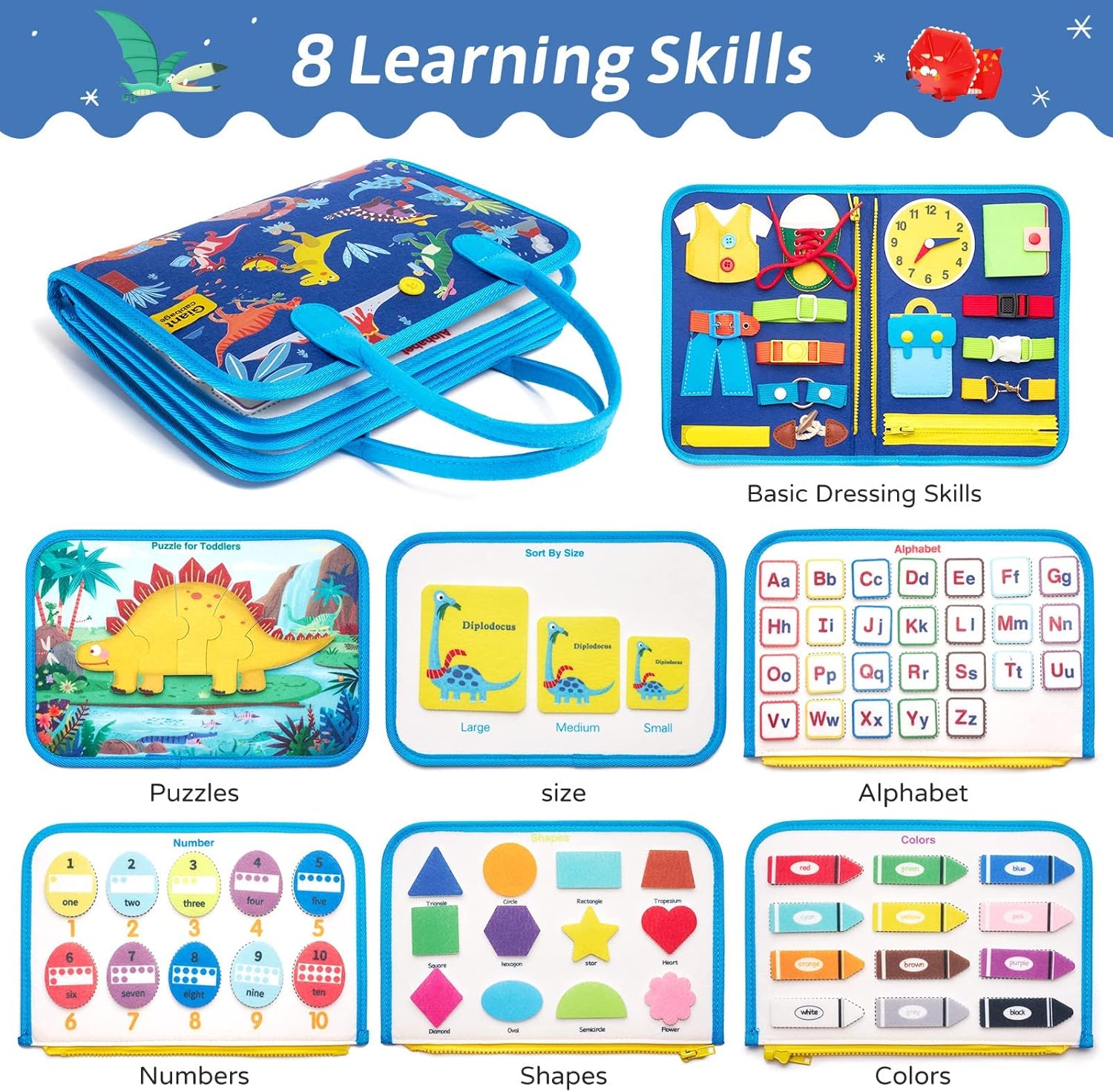 Busy Board Sensory Toys for Toddlers 1 2 3 4, Toddler Travel Activities Educational Toys, Montessori Toys for 1 2 3 4 Year Old Gilrs Boys Gift, Dinosuar