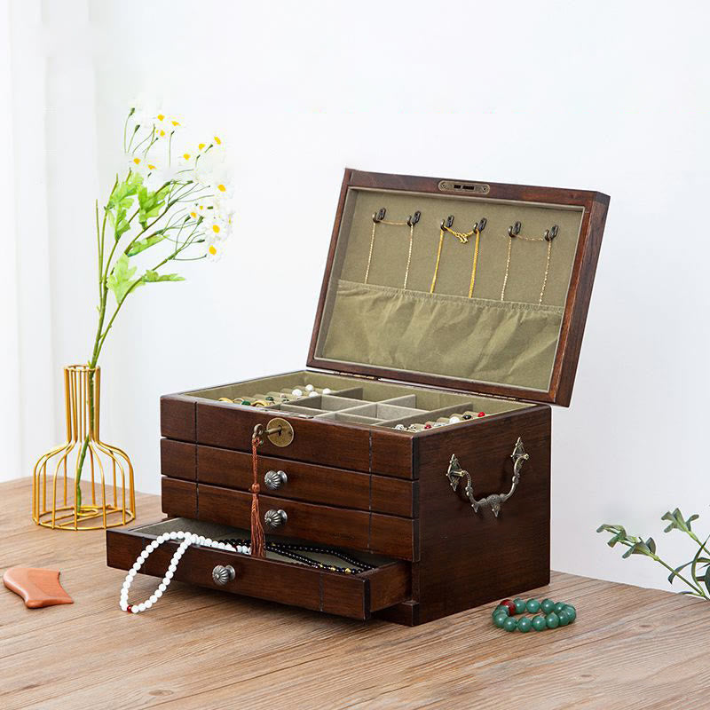 Buddha Stones Retro Solid Wood Jewelry Box Four-Layer Wooden Jewelry Storage Box Jewelry Box BS 1