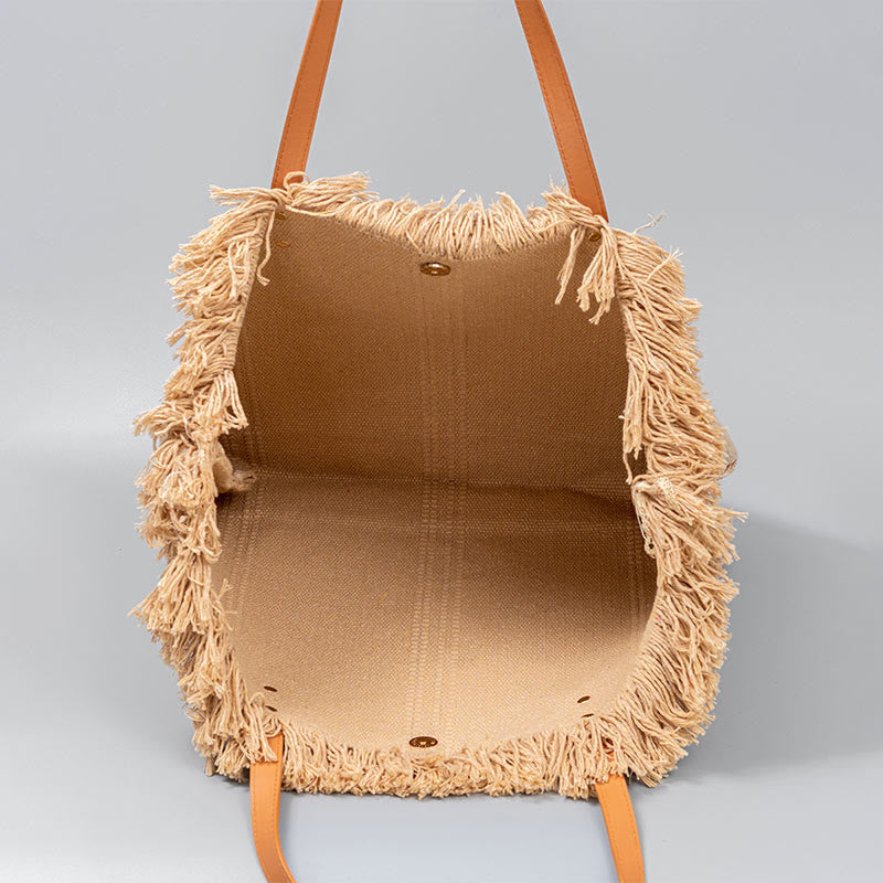 Buddha Stones Large Capacity Solid Color Tassel Canvas Tote Shoulder Bag Shoulder Bag BS 1