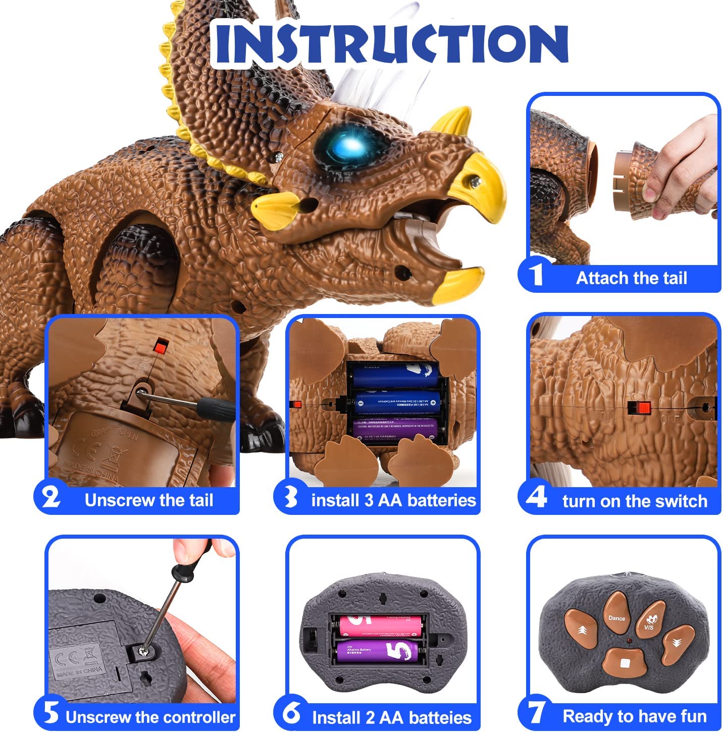 Fidtoy Juguete de dinosaurio con control remoto para niños con luces y rugido