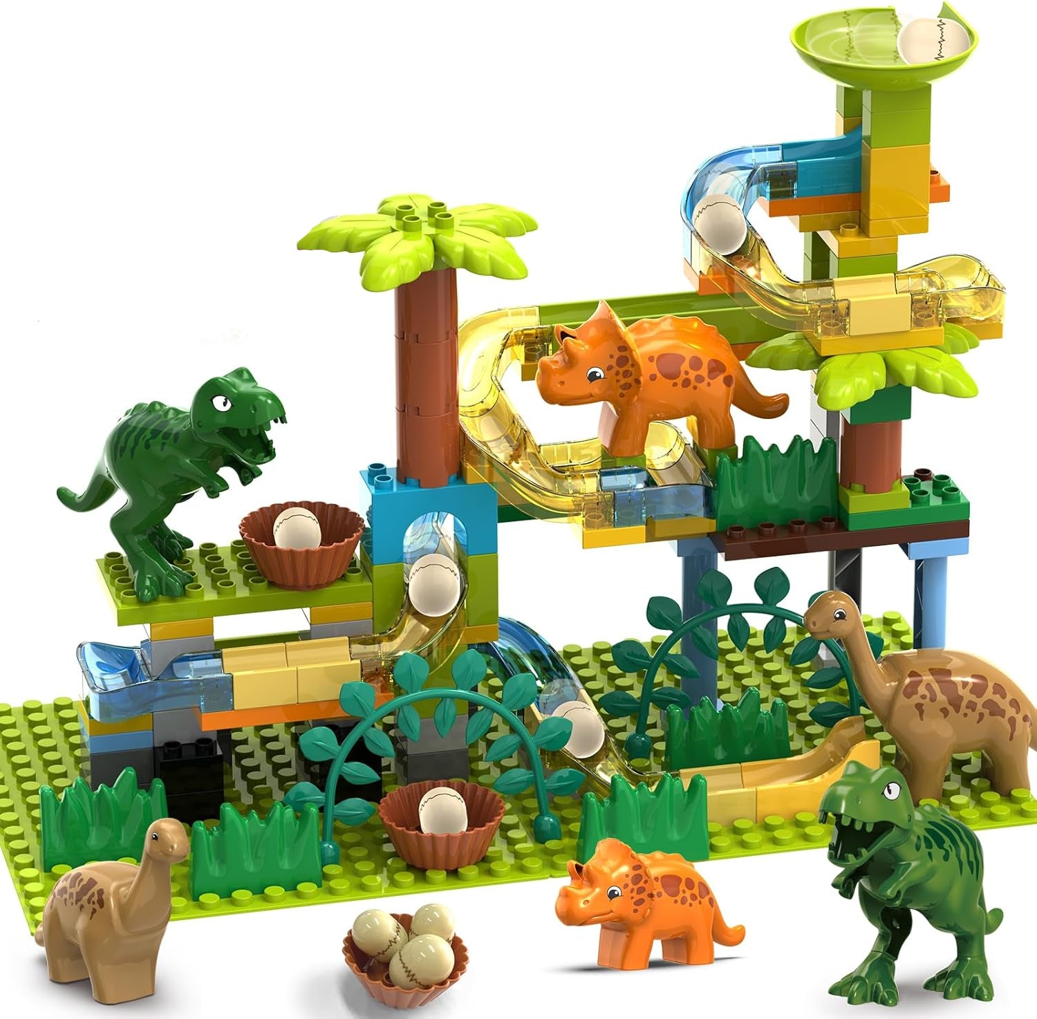 Fidtoy Dinosaur Marble Run Track Set for Kids – 125-Piece Jurassic STEM Building Toy with Dinosaur Eggs, Funnel, Marble Maze, and Creative Construction Play
