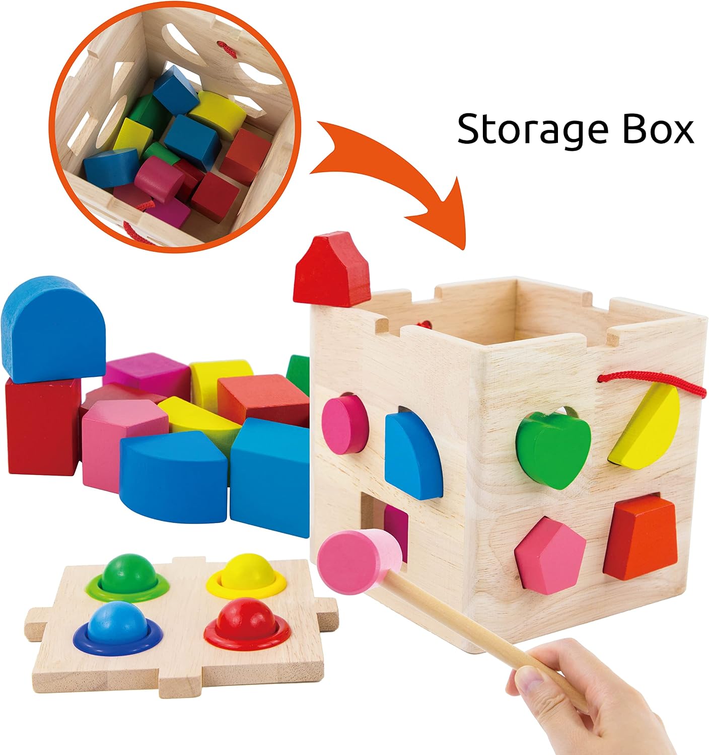 Fidtoy Wooden Activity Cube Shape Sorter and Hammering Toy with 13 Shapes and 4 Balls for Toddlers