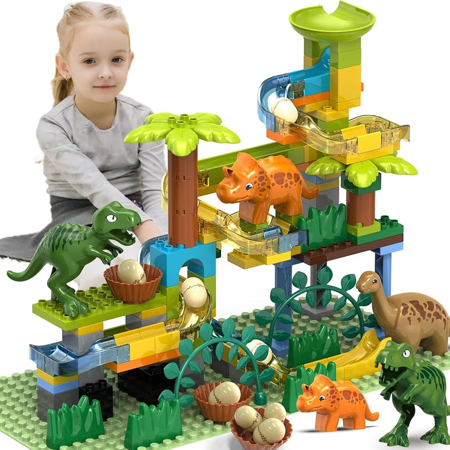 Fidtoy Dinosaur Marble Run Track Set for Kids – 125-Piece Jurassic STEM Building Toy with Dinosaur Eggs, Funnel, Marble Maze, and Creative Construction Play