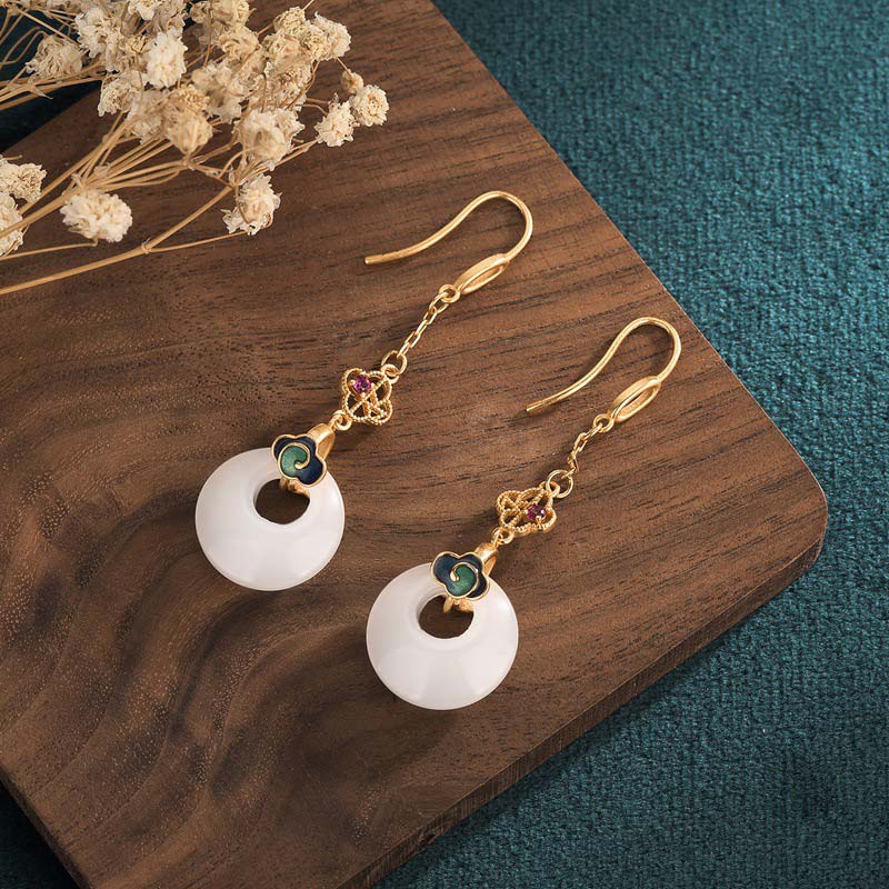 Buddha Stones FengShui White Jade Blessing Drop Earrings Earrings BS 11