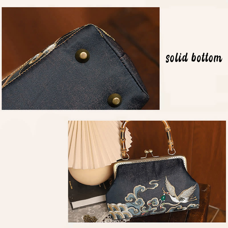 Buddha Stones Auspicious Clouds Cranes Embroidery Bamboo Handle Handbag Crossbody Bag Crossbody Bag&Handbags BS 8