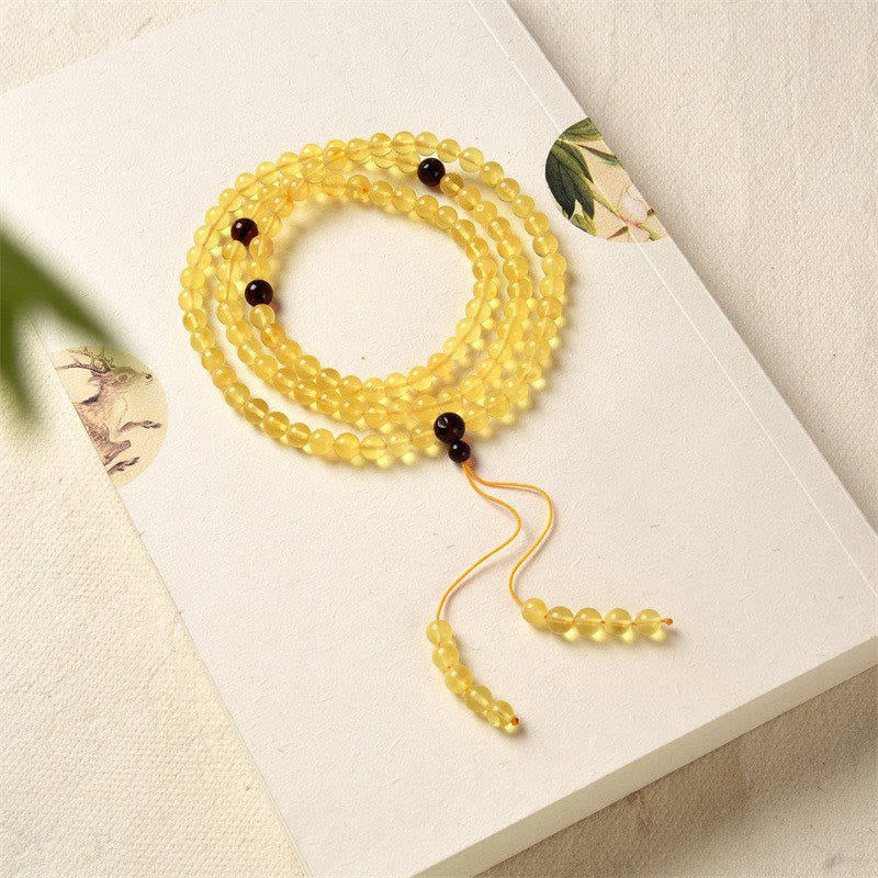 Buddha Stones 108 Mala Beads Natural Amber Clear Anxiety Bracelet Mala Bracelet BS 5mm*108 Amber