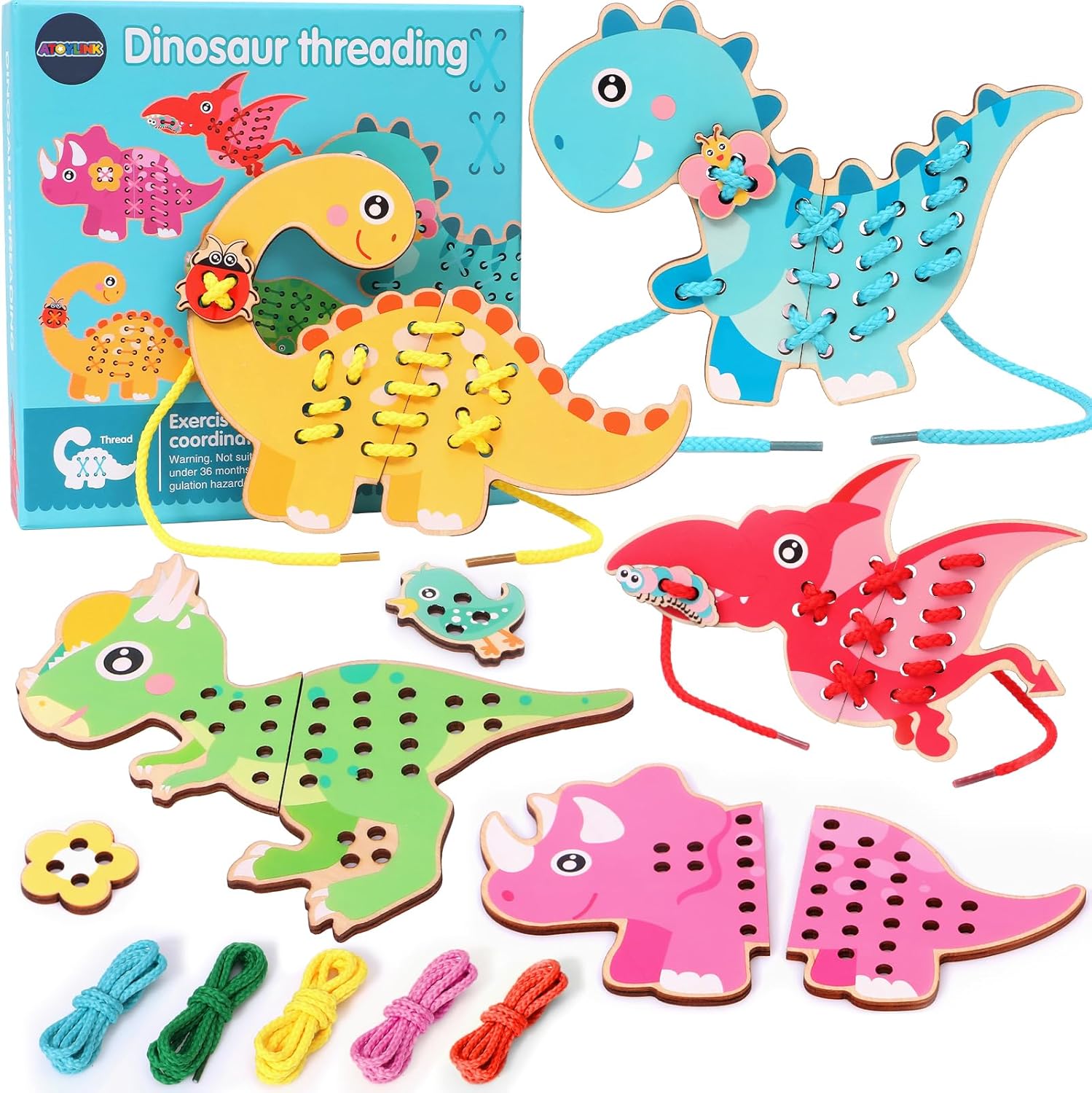 Atoylink 5 Pack Wooden Lacing Cards for Kids 3-5 Dinosaur Threading Sewing Cards Toddler Travel Toys Preschool Puzzle Game Fine Motor Skills Toys for 3 4 5 6 Year Old Christmas Birthday Gift