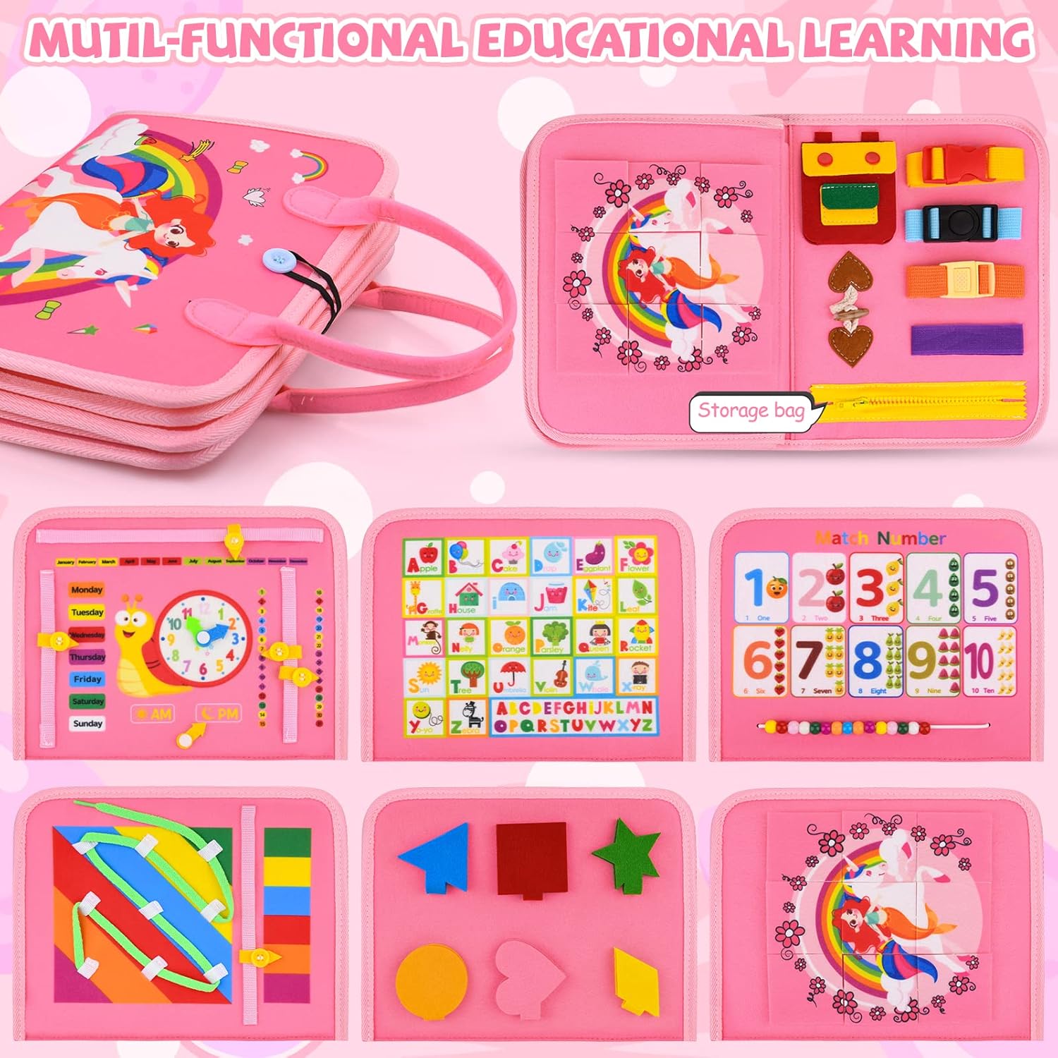 Busy Board Montessori Toys for 1-4 Year Old Toddler, Preschool Educational Learning Activities Developing Sensory Board for Fine Basic Dress Motor Skills/Travel Toys for Plane Car, Gift for Girls Boys