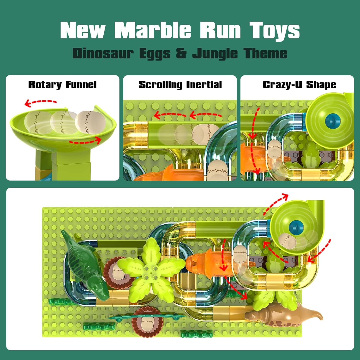 Fidtoy Piste de course à billes dinosaure pour enfants – Jouet de construction STEM Jurassic de 125 pièces avec œufs de dinosaure, entonnoir, labyrinthe de billes et jeu de construction créatif