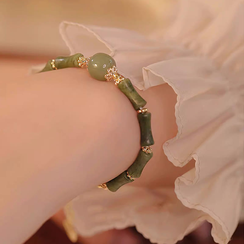 Buddha Stones 14K Copper Plated Peridot Hetian Jade Bamboo Pattern Luck Bracelet Bracelet BS 4