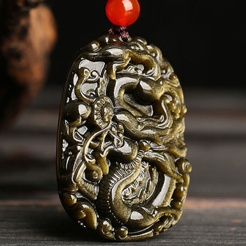 Buddha Stones Gold Sheen Obsidian Dragon Pattern Success Necklace Pendant Necklaces & Pendants BS 3