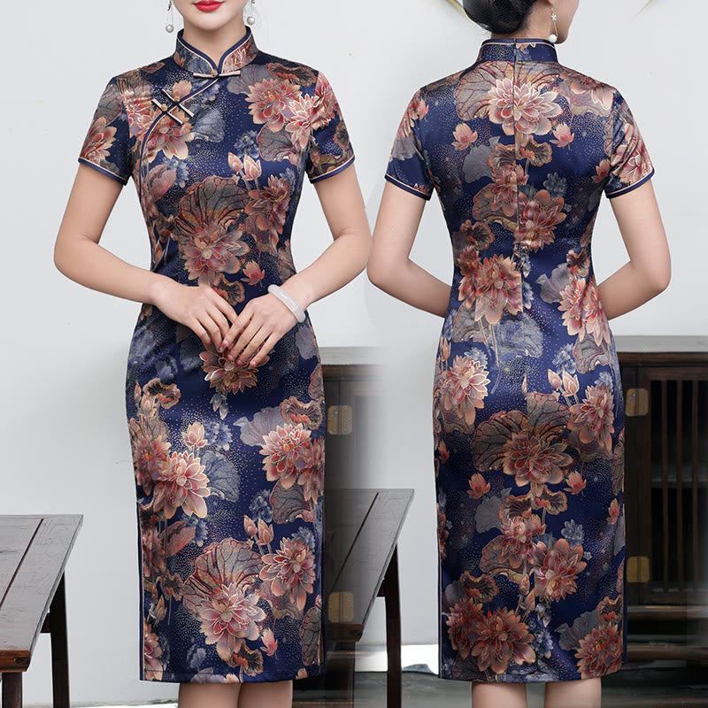 Buddha Stones Retro Flower Lotus Peony Feather Print Qipao Dress Women's Cheongsam Dress - Purple Lotus - US16,UK/AU20,EU48 (5XL) - image 13