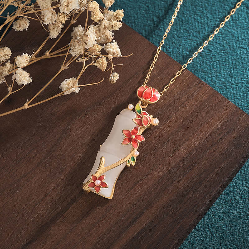 Buddha Stones White Jade Bamboo Lotus Flowers Luck Protection Necklace Pendant Necklaces & Pendants BS 2