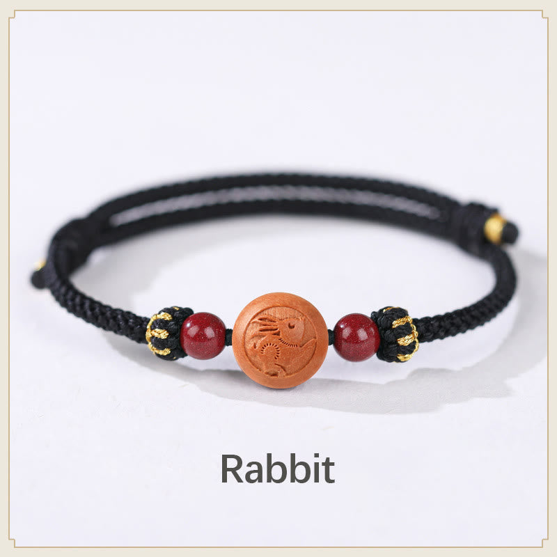 Buddha Stones Natural Peach Wood Chinese Zodiac Fu Character Carved Cinnabar Wealth Bracelet Bracelet BS Rabbit-Black(Wrist Circumference 14-22cm)
