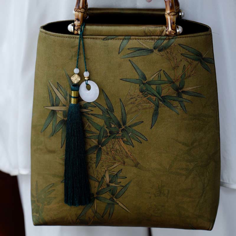 Buddha Stones Yellow Green Bamboo Leaves Bamboo Handles Handbag Handbags BS 2