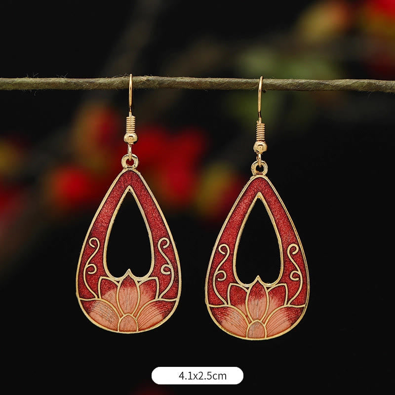 Buddha Stones Lotus Butterfly Flower Alloy Copper Enlightenment Drop Earrings Earrings BS Red Lotus 4.1*2.5cm