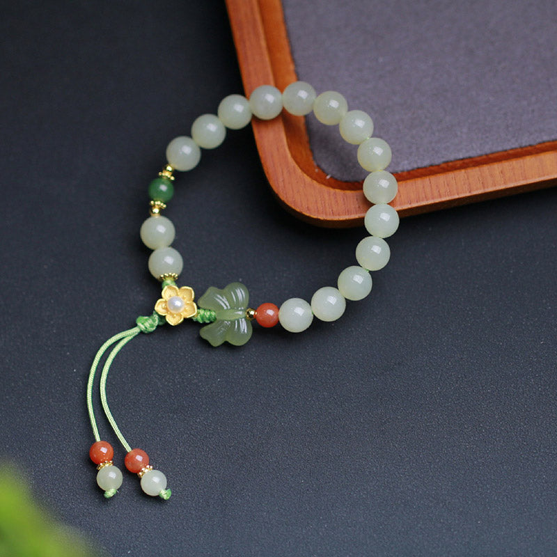 Buddha Stones 925 Sterling Silver Jade Luck Flower Butterfly Bracelet Bracelet BS 10