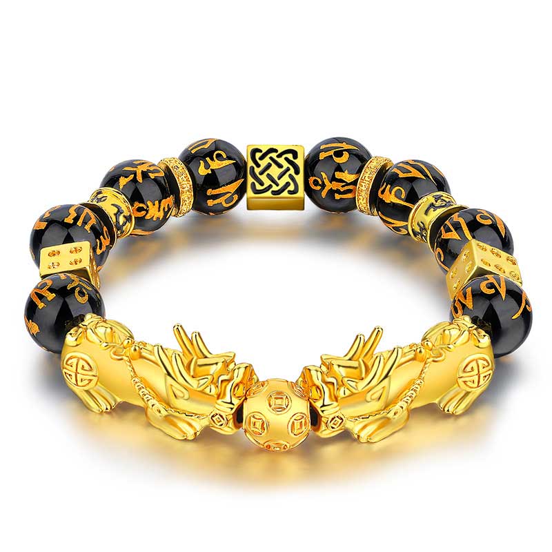 Buddhastoneshop FengShui Double PiXiu Obsidian Om Mani Padme Hum Wealth Bracelet