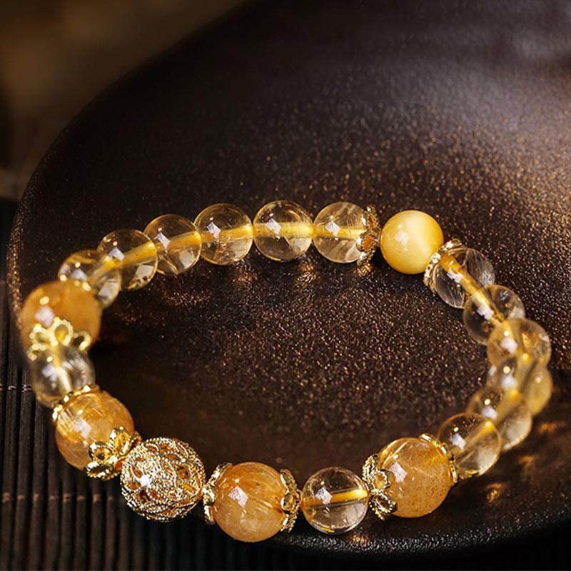 Buddha Stones Natural Citrine Amethyst Rutilated Quartz Prosperity Protection Bracelet Bracelet BS 2