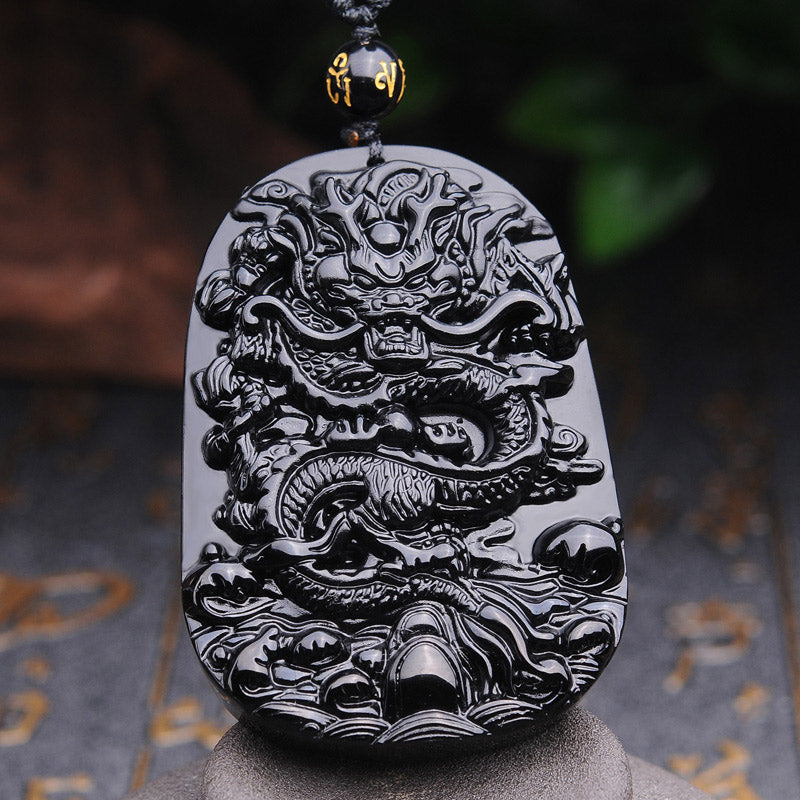 Collier pendentif dragon en obsidienne noire Foviel