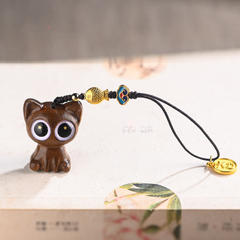 Buddha Stones Green Sandalwood Lucky Cat Koi Fish Cure Key Chain Phone Hanging Decoration Key Chain BS 4