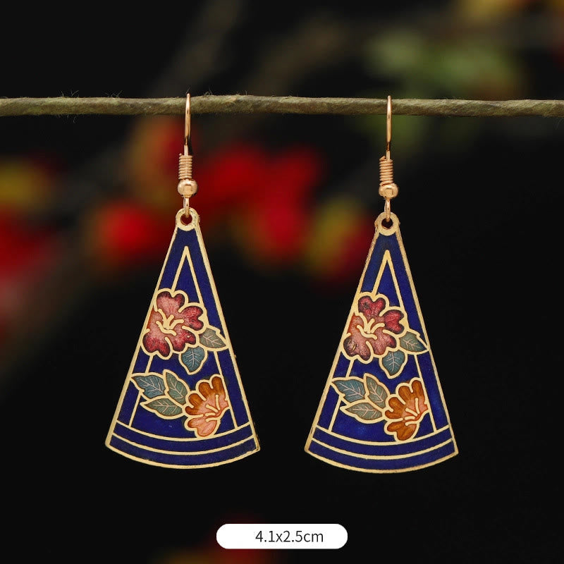 Buddha Stones Lotus Butterfly Flower Alloy Copper Enlightenment Drop Earrings Earrings BS Triangular Blue Flower 4.1*2.5cm