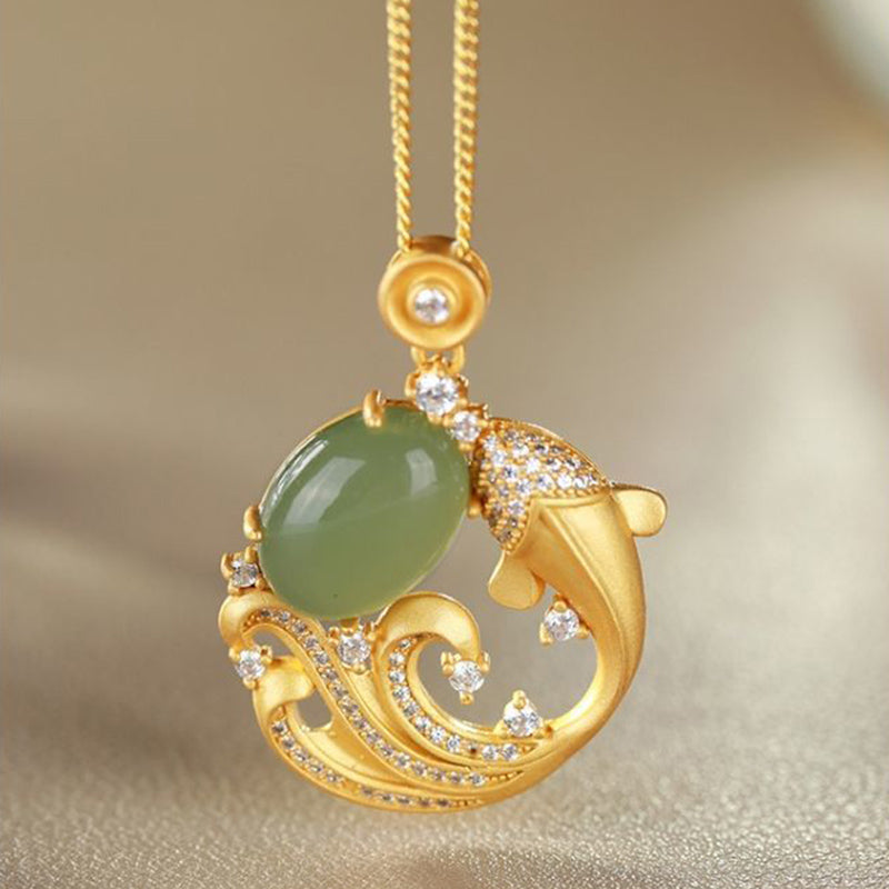 Buddhastoneshop Cyan Jade Koi Fish Healing Calm Necklace Pendant