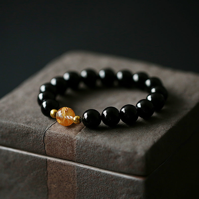 Buddha Stones Natural Black Obsidian White Crystal Black Onyx Dragon Strength Bracelet Bracelet BS Black Obsidian(Wrist Circumference 14-16cm)