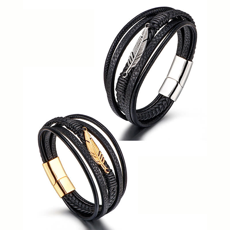 Buddha Stones Feather Pattern Multilayer Leather Titanium Steel Calm Braided Magnetic Buckle Bracelet Bracelet BS 7