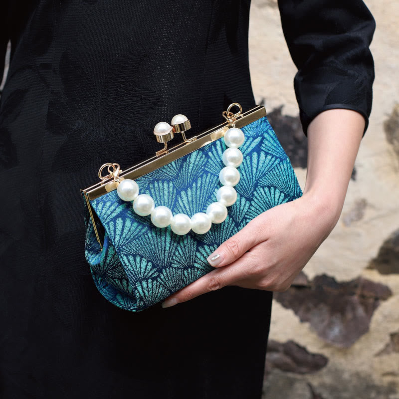 Buddha Stones Vintage Peacock Blue Leaf Pattern Pearl Metal Handbag Handbags BS Blue 20.5*12*8cm