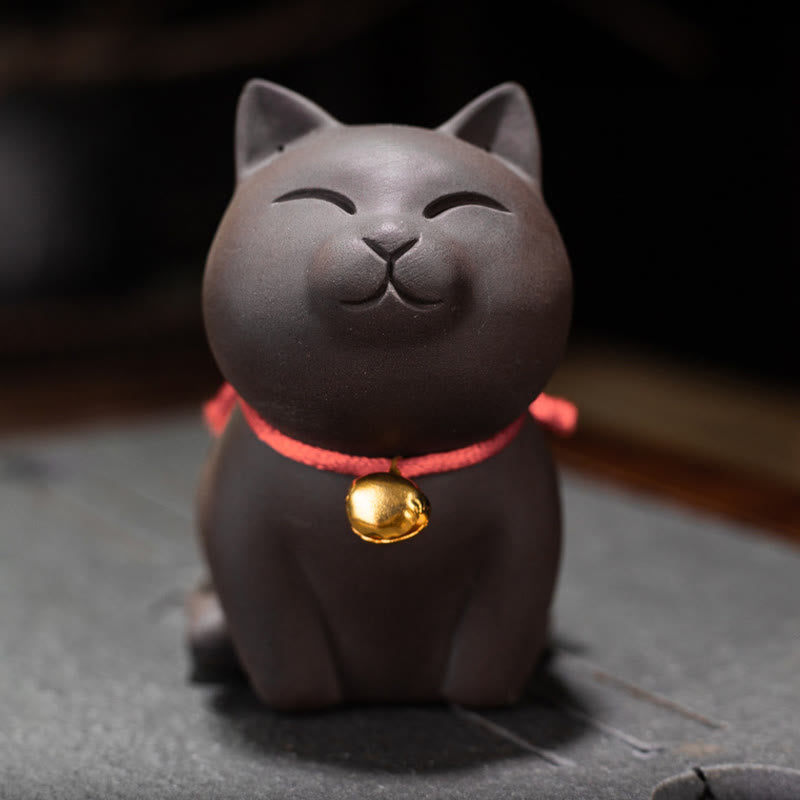 Buddha Stones Mini Lovely Cat Tea Pet Purple Clay Figurine Desk Decoration Decorations BS 4