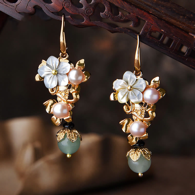 Buddha Stones 14K Gold Plated Tridacna Stone Flower Pearl Green Aventurine Bead Drop Earrings Earrings BS Gray Tridacna Stone Flower Pearl Light Green Bead