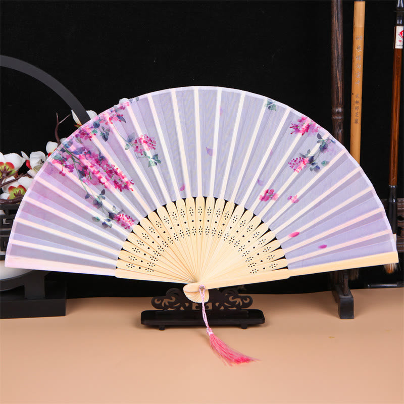 Buddha Stones Classic Birds Singing Flowers Handheld Bamboo Folding Fan Folding Fan BS Wisteria Flower