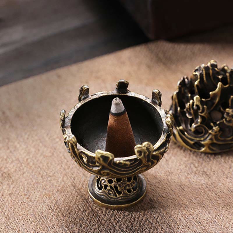 Buddha Stones Tibetan Mini Mountain Pattern Meditation Copper Alloy Incense Burner Incense Burner BS 4