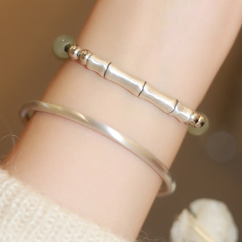 Buddha Stones 925 Sterling Silver Natural Jade Fu Character Bamboo Abundance Bracelet Bracelet BS 11