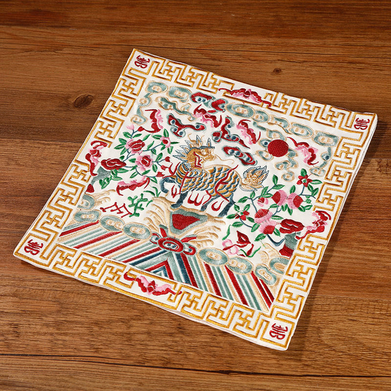 Buddha Stones Crane Phoenix Dragon Kirin Embroidered Cup Mat Pad Tea Cup Coaster Square Kung Fu Tea Mat Tea Mat BS Beige Kirin