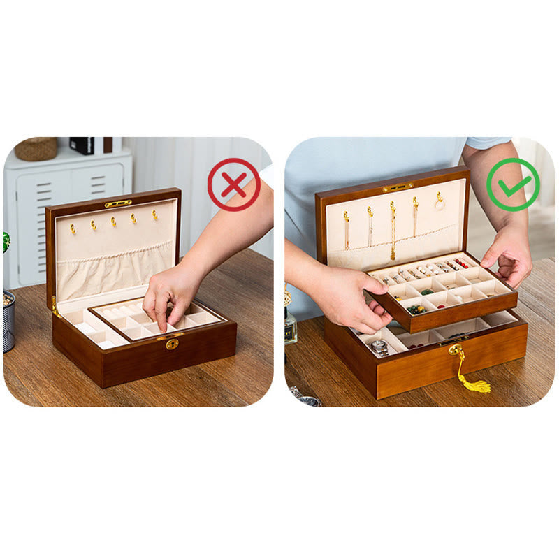 Buddha Stones Vintage Wooden Jewelry Box Two-Layer Solid Wood Jewelry Storage Box Jewelry Box BS 18