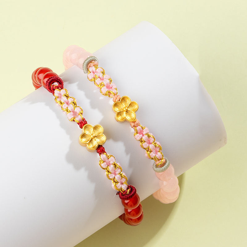 Buddha Stones 999 Sterling Silver Natural Red Agate Pink Crystal Cherry blossom Bracelet Bracelet BS 1