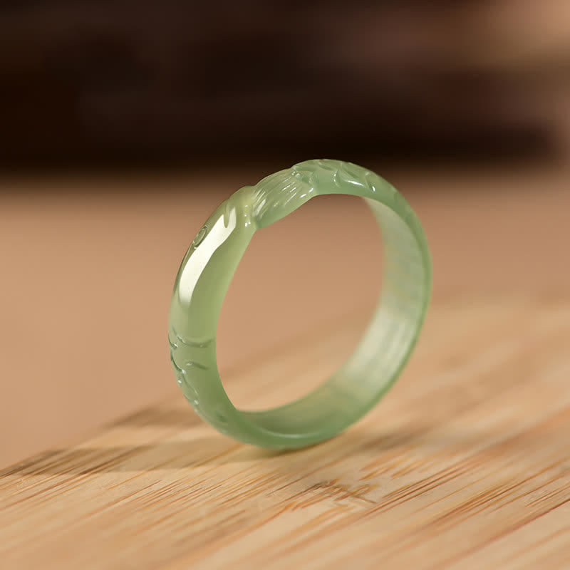 Foviel Hetian White Jade Cyan Jade Koi Fish Success Luck Ring