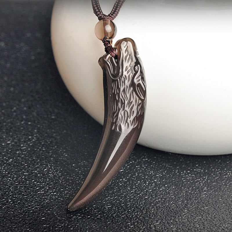 Buddha Stones Natural Black Obsidian Ice Obsidian Rainbow Obsidian Wolf Tooth Pattern Strength Necklace Pendant Necklaces & Pendants BS 8