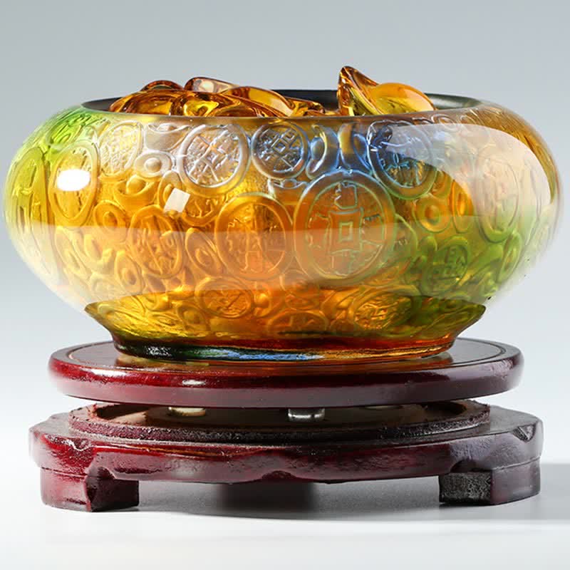 Buddha Stones Handmade Liuli Crystal Treasure Bowl Ingots Art Piece Home Decoration Decorations BS 1