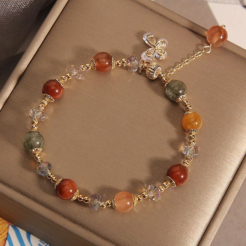 Buddha Stones Natural Fu Lu Shou Rainbow Crystal Rutilated Quartz Wealth Butterfly Charm Bracelet Bracelet BS 3