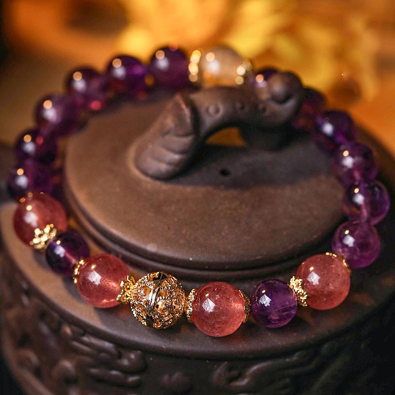 Buddha Stones Natural Citrine Amethyst Rutilated Quartz Prosperity Protection Bracelet Bracelet BS Amethyst(Wrist Circumference 14-16cm)