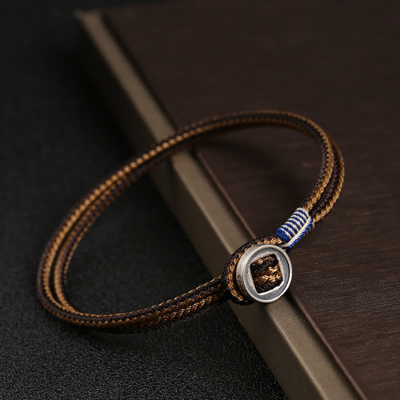 Buddha Stones 925 Sterling Silver Handmade Button Protection Weave String Bracelet Bracelet BS Brown 21cm