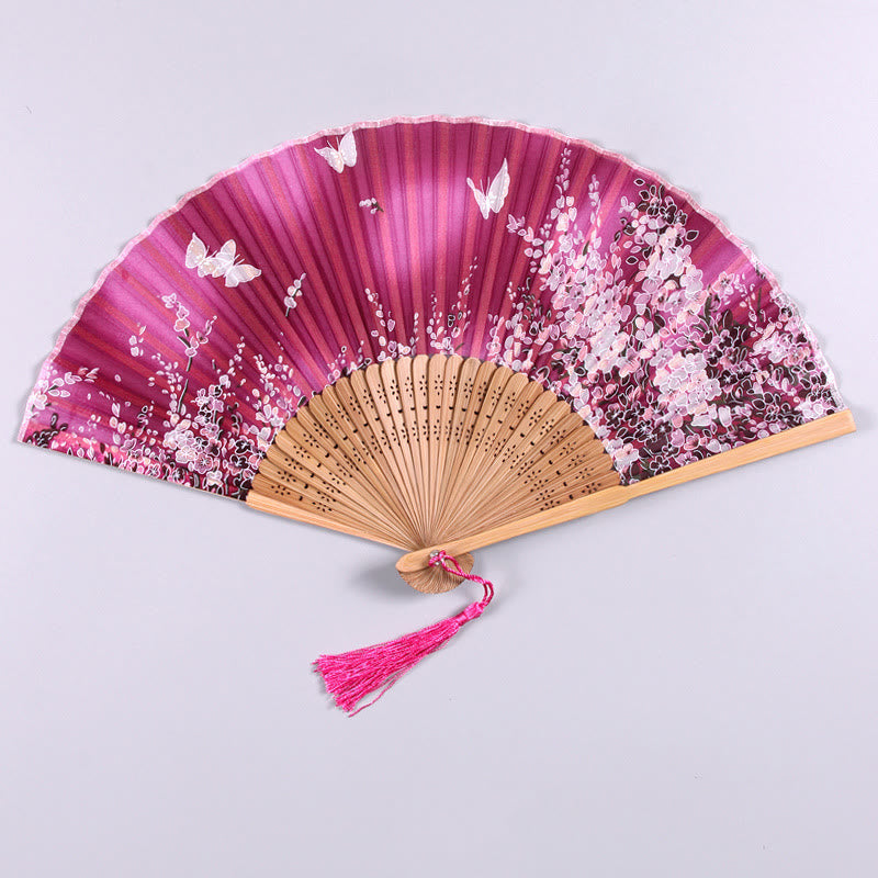 Buddha Stones Butterfly Flowers Handheld Silk Bamboo Folding Fan