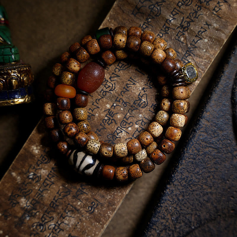Buddha Stones Tibetan Bodhi Seed Amber Dzi Bead Agate Zakiram Goddess of Wealth Beads Triple Wrap Bracelet Bracelet BS 1