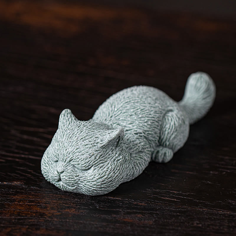 Buddha Stones Small Cat Home Tea Pet Figurine Desk Decoration Decorations BS Sleeping Cat 10.6*4*2.5cm