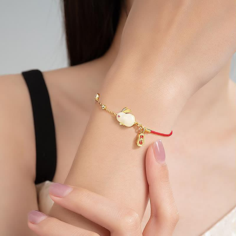 Buddha Stones Year of the Rabbit White Jade Happiness Red String Chain Bracelet Bracelet BS 4