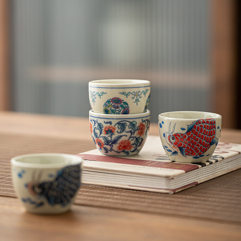 Buddha Stones Koi Fish Arowana Peony Sunflower Ceramic Teacup Kung Fu Tea Cup 60ml Cup BS 1