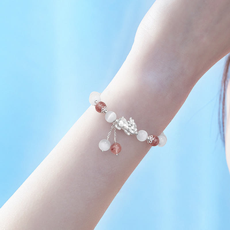 Buddha Stones Natural Cat's Eye Moonstone Strawberry Quartz PiXiu Support Bracelet Bracelet BS 11